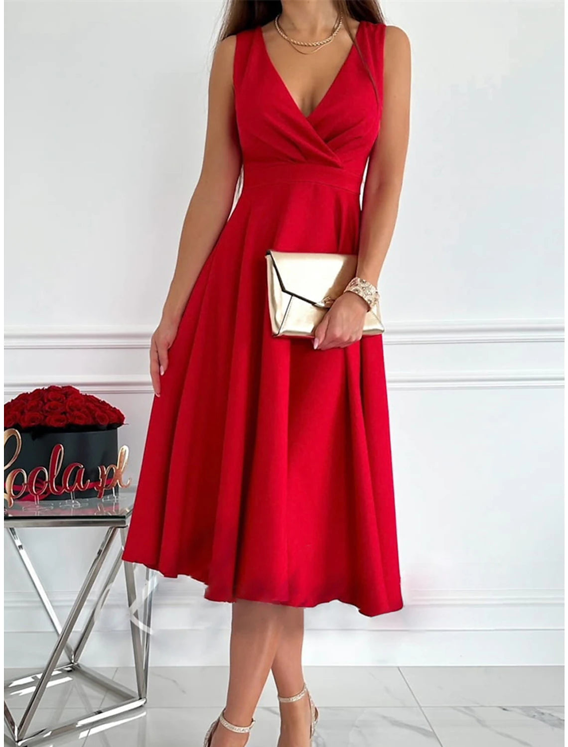 Abito da festa da donna, abito da capodanno, abito da ballo, abito da cocktail, abito midi, rosa chiaro, nero, rosso, senza maniche, arricciato, estivo, primaverile, scollo a V, compleanno